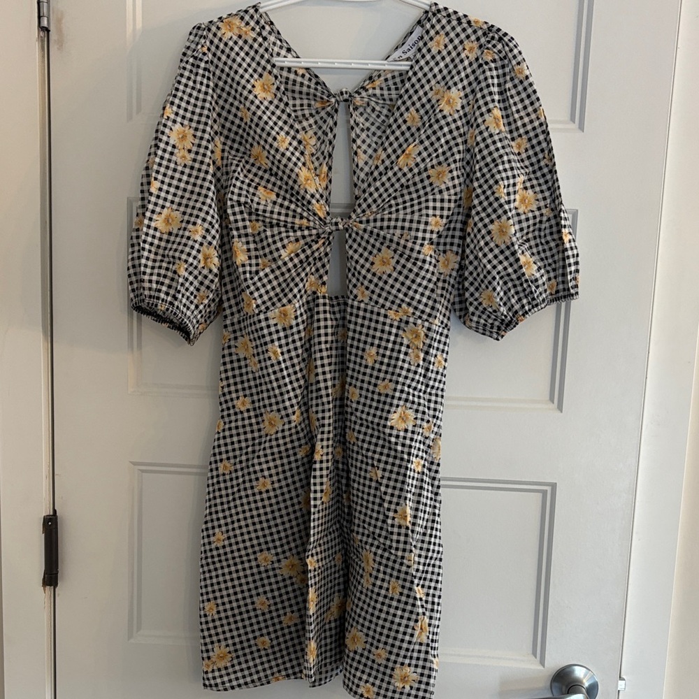 En Saison Black & White Gingham Mini Dress with Yellow Floral Print